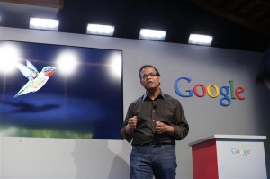 Singhal, senior vice president of search at Google, introduces the new 'Hummingbird' search algorithm at the garage where the company was founded on Google's 15th anniversary in Menlo Park, California