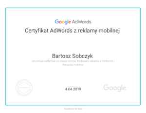 Certyfikat AdWords z reklamy mobilnej Bartosz Sobczyk