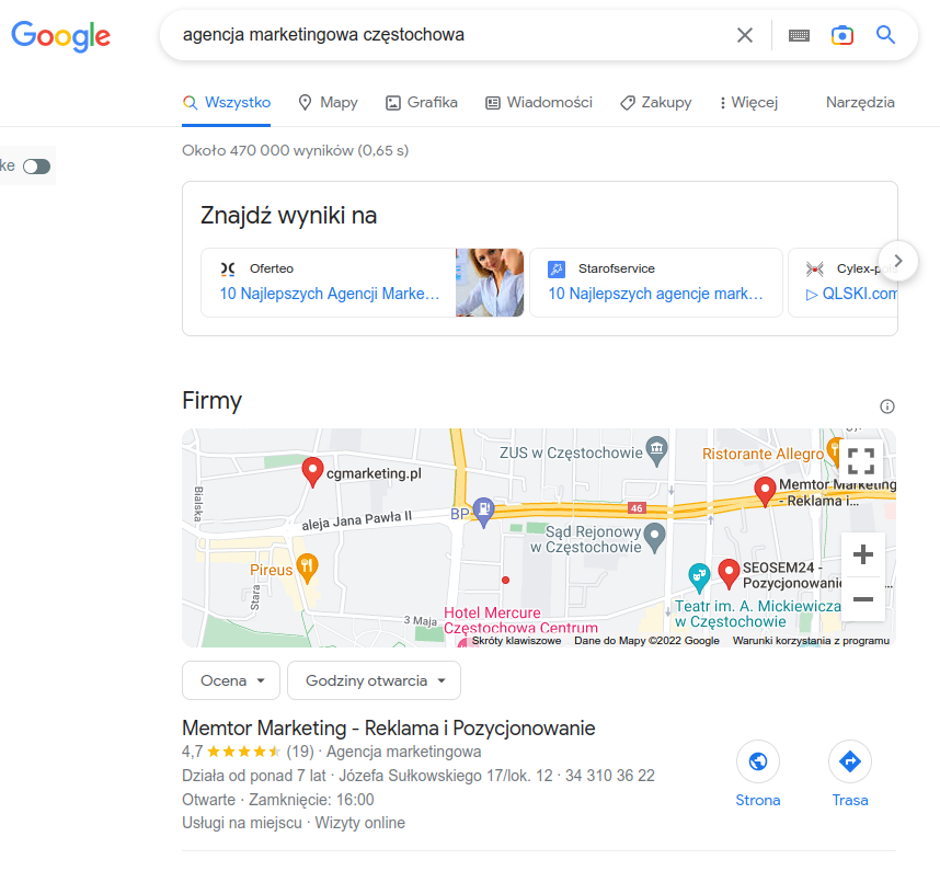 Wyniki wyszukiwania w Google